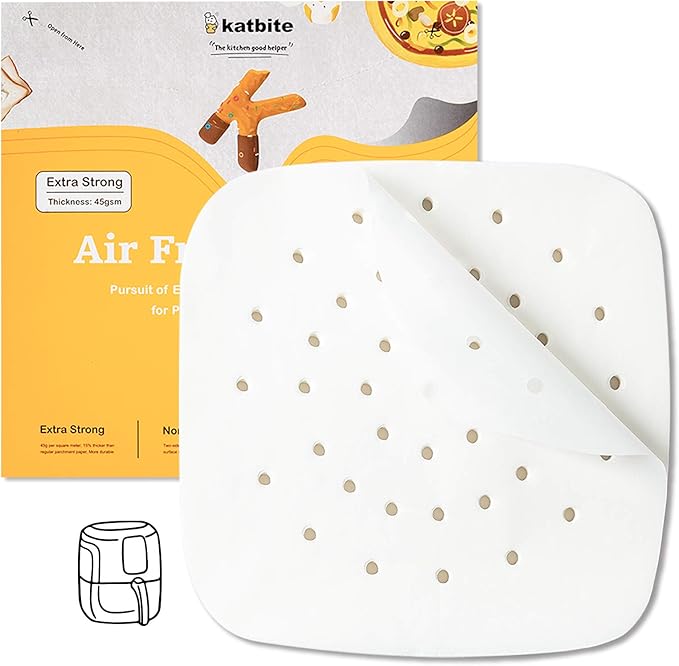 Katbite 200Pcs 7.5 inch Parchment Paper, Heavy Duty Non-stick Square Liners, Perforated Paper for Air Fryer, Oven, Steamer, Pans, Extra Strong, No Burn, Easy Cleanup